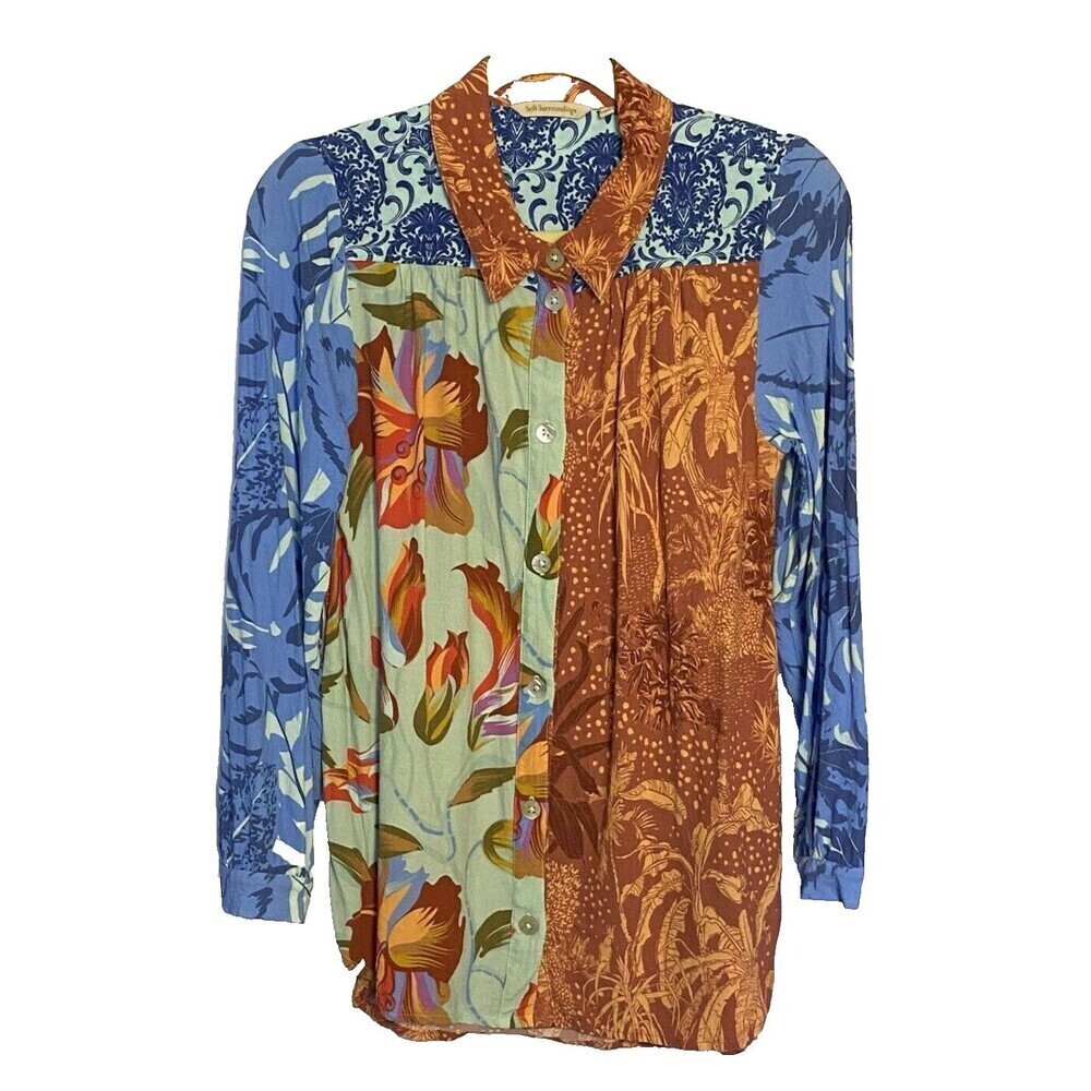 Soft Surroundings Hermosa Tunic Shirt M Patchwork Multi Print Button-Up Blouse